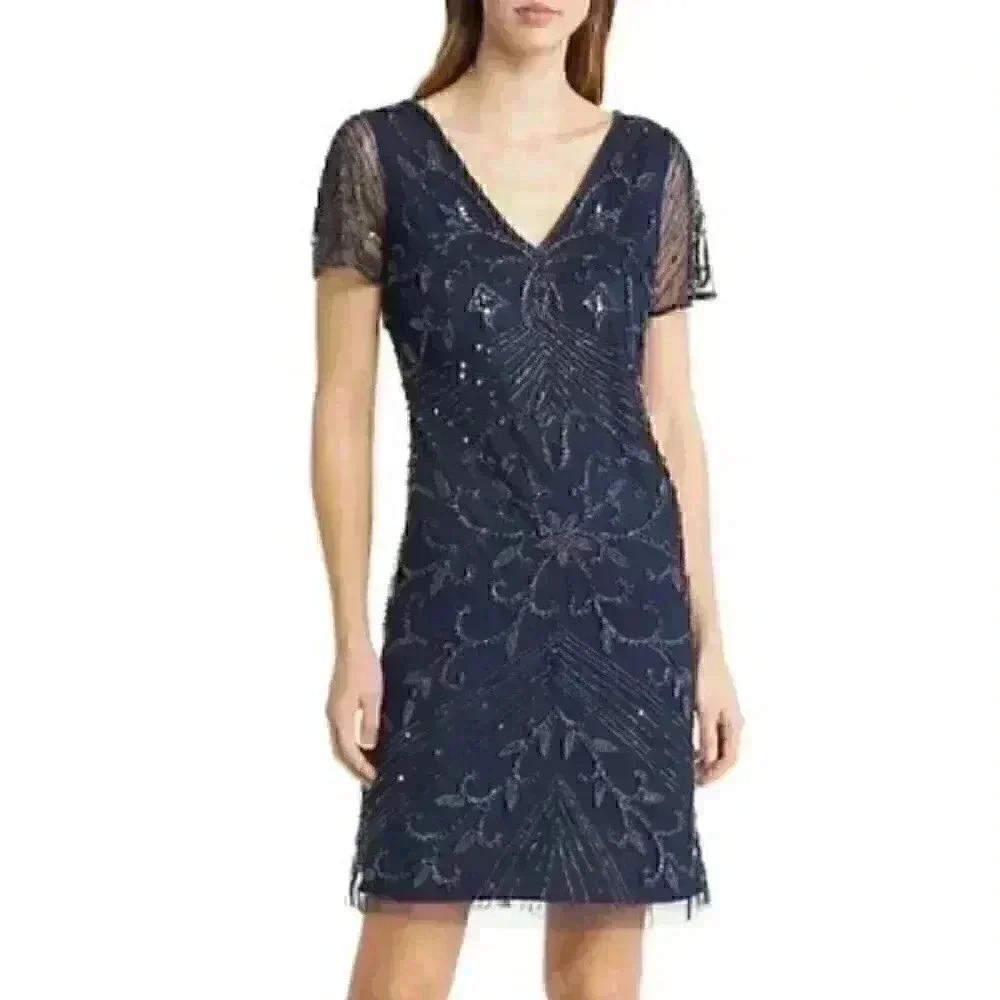 NEW PISARRO NIGHTS Beaded Double V-Neck Dress Navy Blue
